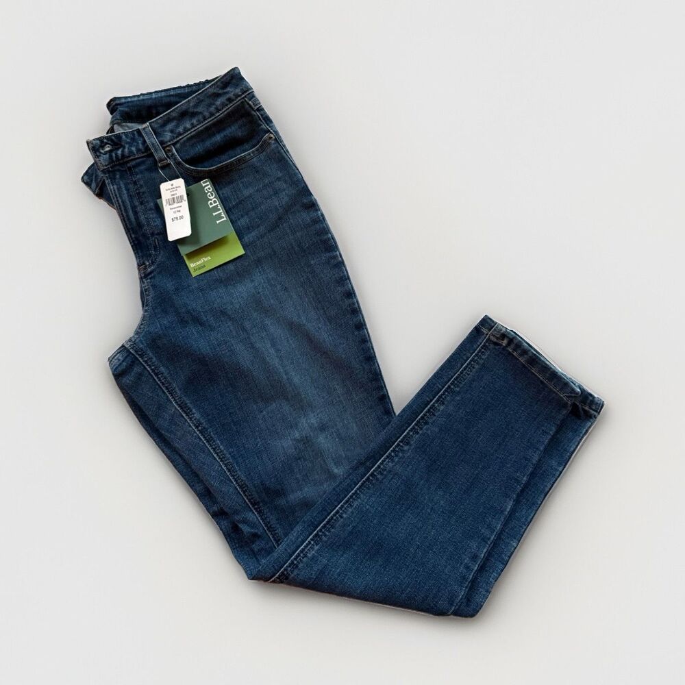 L.L.Bean BeanFlex Women's Petite 12P Mid-Rise‎ Skinny Blue Denim Jeans Pockets